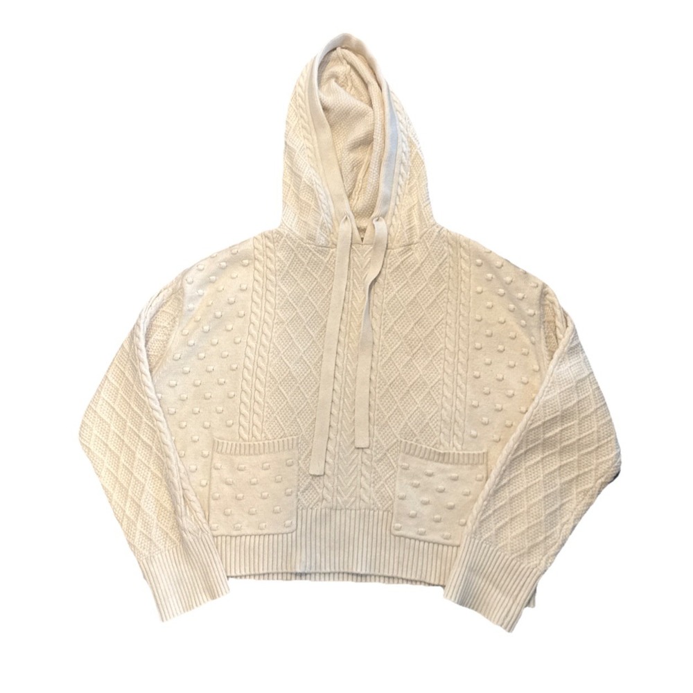 Lou & Grey Woman's Small Cream Bobble Drawstring Cable Knit Neck Sweater Cropped